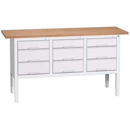 Dílenský stůl Bott Verso, výškově nastavitelný, 83-93 x 175 x 60 cm, multiplex, 9 zásuvek, šedá-šedá