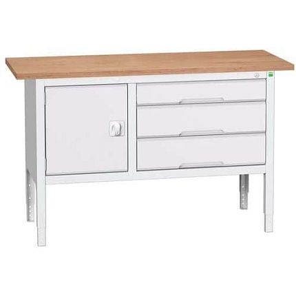 Dílenský stůl Bott Verso, výškově nastavitelný, 83-93 x 150 x 60 cm, multiplex, 3 zásuvky, 1 skříňka, šedá-šedá