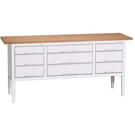 Dílenský stůl Bott Verso, výškově nastavitelný, 83-93 x 200 x 60 cm, multiplex, 9 zásuvek, šedá-šedá