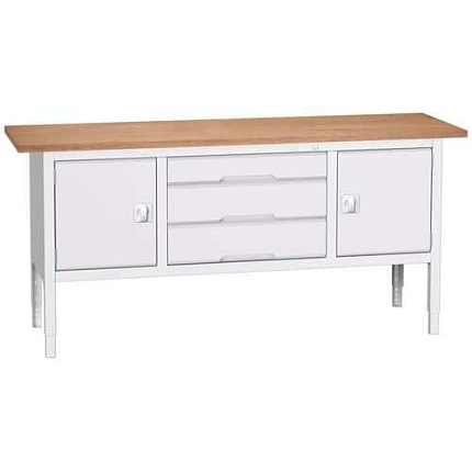 Dílenský stůl Bott Verso, výškově nastavitelný, 83-93 x 200 x 60 cm, multiplex, 3 zásuvky, 2 skříňky, šedá-šedá