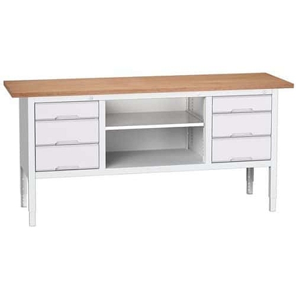 Dílenský stůl Bott Verso, výškově nastavitelný, 83-93 x 200 x 60 cm, multiplex, 6 zásuvek, 1 police, šedá-šedá