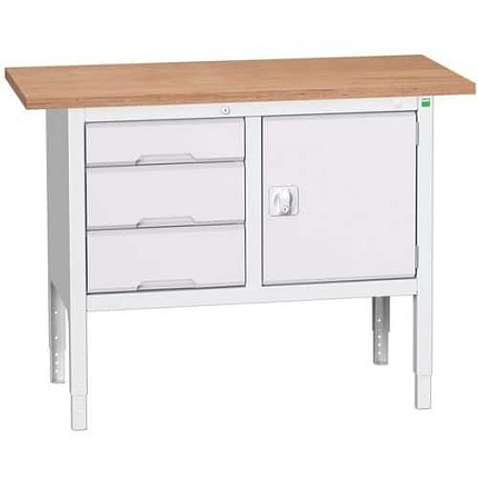 Dílenský stůl Bott Verso, výškově nastavitelný, 83-93 x 125 x 60 cm, multiplex, 3 zásuvky, 1 skříňky, šedá-šedá