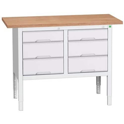 Dílenský stůl Bott Verso, výškově nastavitelný, 83-93 x 125 x 60 cm, multiplex, 6 zásuvek, šedá-šedá