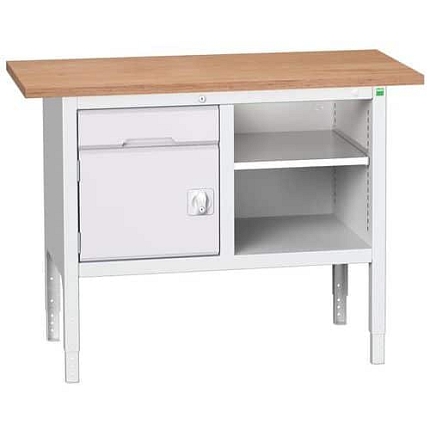 Dílenský stůl Bott Verso, výškově nastavitelný, 83-93 x 125 x 60 cm, multiplex, 1 zásuvka, 1 skříňka, 1 police, šedá-šedá