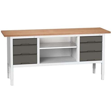 Dílenský stůl Bott Verso, výškově nastavitelný, 83-93 x 200 x 60 cm, multiplex, 6 zásuvek, 1 police, šedá-antracit