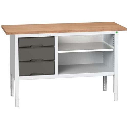 Dílenský stůl Bott Verso, výškově nastavitelný, 83-93 x 150 x 60 cm, multiplex, 3 zásuvky, 1 police, šedá-antracit