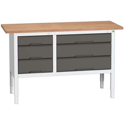 Dílenský stůl Bott Verso, výškově nastavitelný, 83-93 x 150 x 60 cm, multiplex, 3 zásuvek, šedá-antracit