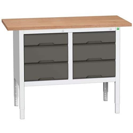 Dílenský stůl Bott Verso, výškově nastavitelný, 83-93 x 125 x 60 cm, multiplex, 6 zásuvek, šedá-antracit