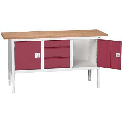 Dílenský stůl Bott Verso, výškově nastavitelný, 83-93 x 175 x 60 cm, multiplex, 3 zásuvky, 2 skříňky, šedá-červená