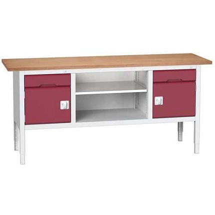 Dílenský stůl Bott Verso, výškově nastavitelný, 83-93 x 200 x 60 cm, multiplex, 2 zásuvky, 1 police, 2 skříňky, šedá-červená