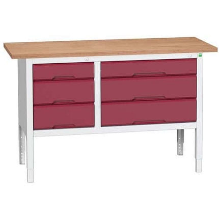 Dílenský stůl Bott Verso, výškově nastavitelný, 83-93 x 150 x 60 cm, multiplex, 3 zásuvek, šedá-červená