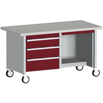 Mobilní dílenský stůl Bott Cubio Storage, 84 x 150 x 75 cm, 3 zásuvky, police, linoleum, šedá-červená