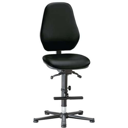 Pracovní laboratorní židle Bimos Basic 9136 s kluzáky, s podnožkou, synchronní mechanismus, koženka, vysoké opěradlo, černá
