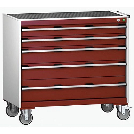 Mobilní zásuvková skříň Bott Cubio, 98,5 x 105 x 65 cm, 5 zásuvek, rohož, šedá-červená