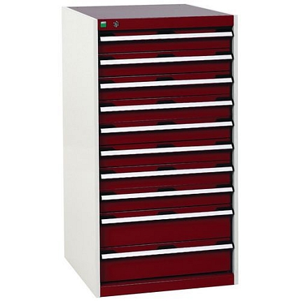 Dílenská zásuvková skříň Bott Cubio, 120 x 65 x 52,5 cm, 10 zásuvek, šedá-červená