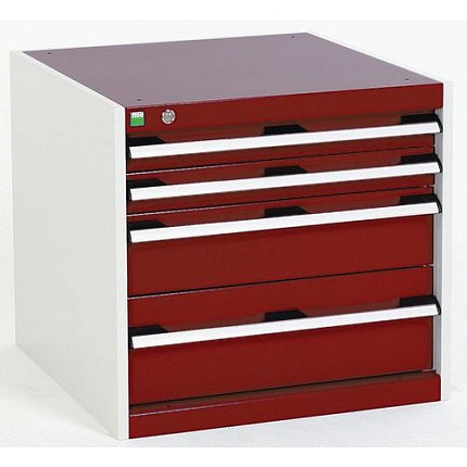 Dílenská zásuvková skříň Bott Cubio, 60 x 65 x 52,5 cm, 4 zásuvky, šedá-červená