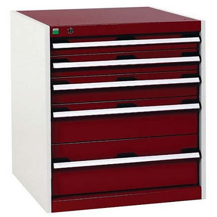 Dílenská zásuvková skříň Bott Cubio, 70 x 65 x 65 cm, 5 zásuvek, šedá-červená