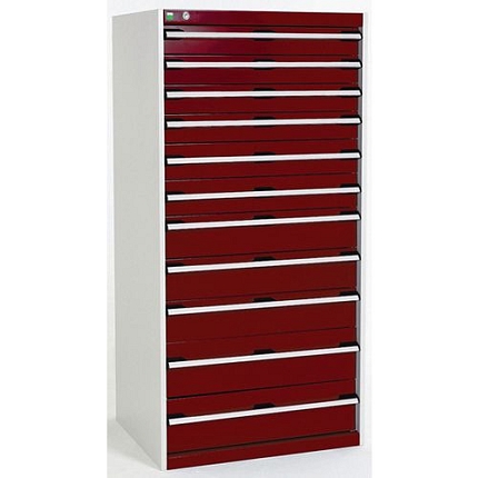 Dílenská zásuvková skříň Bott Cubio, 160 x 80 x 52,5 cm, 11 zásuvek, šedá-červená