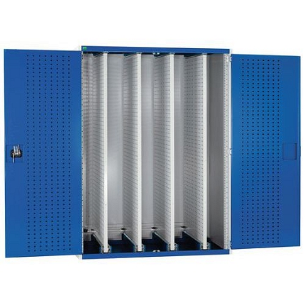 Dílenská skříň Bott Cubio s výsuvnými perfopanely, 120 x 105 x 65 cm, plné dveře, šedá-modrá