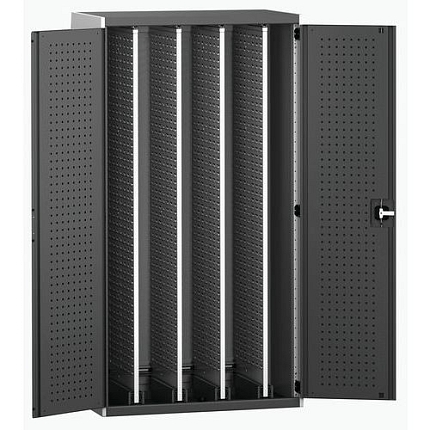 Dílenská skříň Bott Cubio s výsuvnými perfopanely, 200 x 105 x 65 cm, plné dveře, šedá-antracit