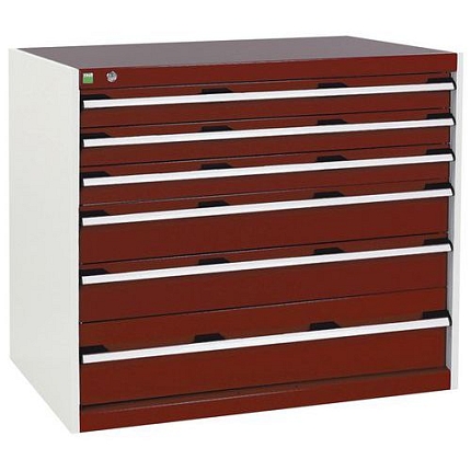 Dílenská zásuvková skříň Bott Cubio, 90 x 105 x 65 cm, 6 zásuvek, šedá-červená