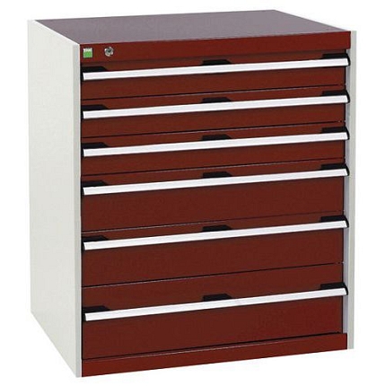 Dílenská zásuvková skříň Bott Cubio, 90 x 80 x 65 cm, 6 zásuvek, šedá-červená
