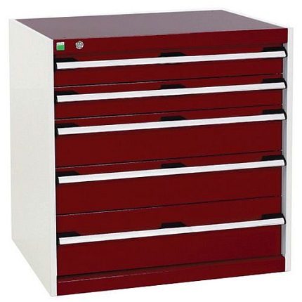 Dílenská zásuvková skříň Bott Cubio, 80 x 80 x 65 cm, 5 zásuvek, šedá-červená