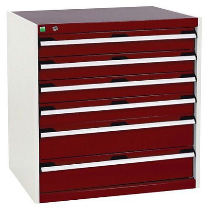 Dílenská zásuvková skříň Bott Cubio, 80 x 80 x 65 cm, 6 zásuvek, šedá-červená
