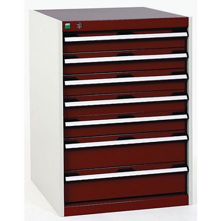 Dílenská zásuvková skříň Bott Cubio, 90 x 65 x 65 cm, 7 zásuvek, šedá-červená