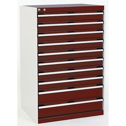 Dílenská zásuvková skříň Bott Cubio, 120 x 80 x 65 cm, 10 zásuvek, šedá-červená