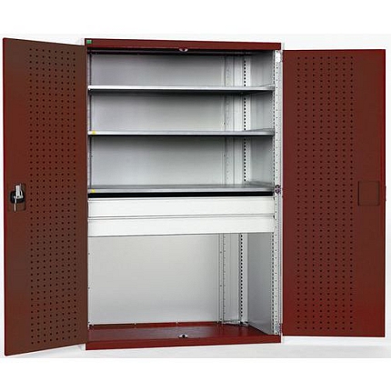 Dílenská skříň se zásuvkami Bott Cubio 160, 200 x 105 x 65 cm, 3 police, 2 zásuvky, šedá-červená