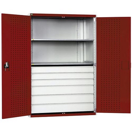Dílenská skříň se zásuvkami Bott Cubio 160, 200 x 130 x 65 cm, 2 police, 6 zásuvek, šedá-červená