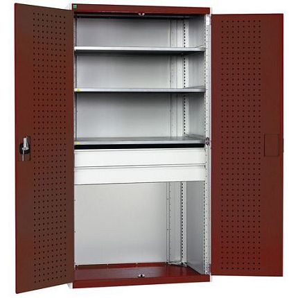 Dílenská skříň se zásuvkami Bott Cubio, 200 x 105 x 65 cm, 3 police, 2 zásuvky, šedá-červená