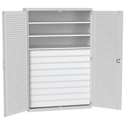 Dílenská skříň se zásuvkami Bott Cubio 160, 200 x 130 x 65 cm, 3 police, 9 zásuvek, šedá-šedá