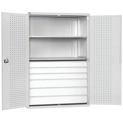 Dílenská skříň se zásuvkami Bott Cubio 160, 200 x 130 x 65 cm, 2 police, 6 zásuvek, šedá-šedá