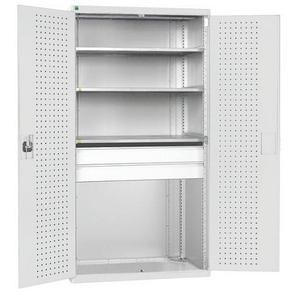 Dílenská skříň se zásuvkami Bott Cubio, 200 x 105 x 65 cm, 3 police, 2 zásuvky, šedá-šedá