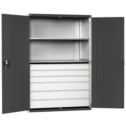 Dílenská skříň se zásuvkami Bott Cubio 160, 200 x 130 x 65 cm, 2 police, 6 zásuvek, šedá-antracit