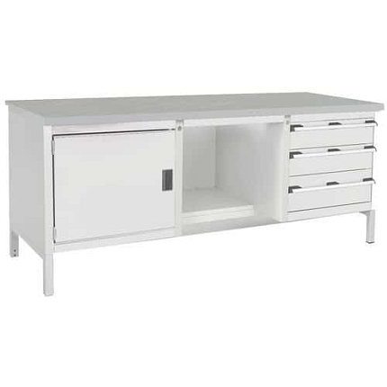 Dílenský stůl Bott Cubio Storage, 84 x 200 x 75 cm, 1 skříňky, 3 zásuvky, police, linoleum, šedá-šedá