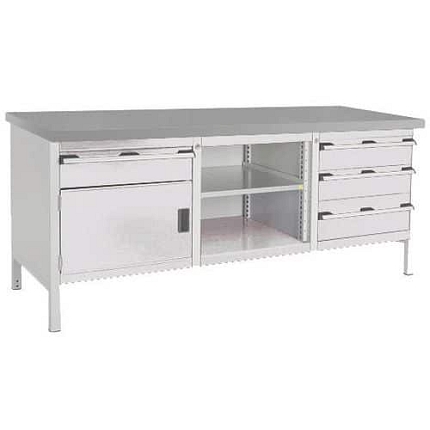 Dílenský stůl Bott Cubio Storage, 84 x 200 x 75 cm, 1 skříňky, 4 zásuvky, otevřený prostor s policí, linoleum, šedá-šedá