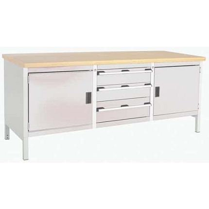 Dílenský stůl Bott Cubio Storage, 84 x 200 x 75 cm, 2 skříňky, 3 zásuvky, multiplex, šedá-šedá