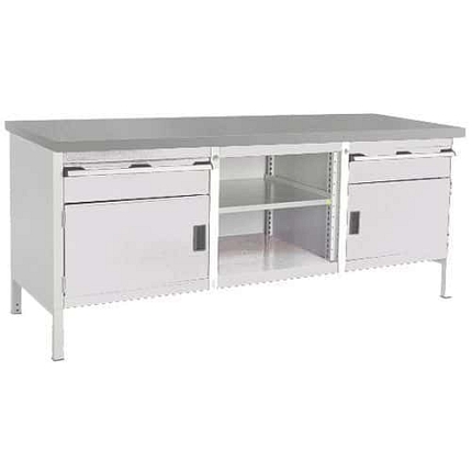 Dílenský stůl Bott Cubio Storage, 84 x 200 x 75 cm, 2 skříňky, 2 zásuvky, otevřený prostor s policí, linoleum, šedá-šedá