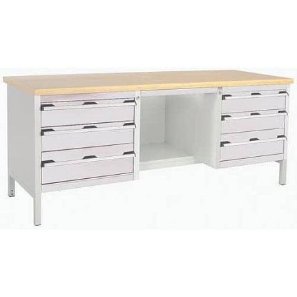 Dílenský stůl Bott Cubio Storage, 84 x 200 x 75 cm, 6 zásuvek, police, multiplex, šedá-šedá