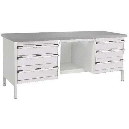 Dílenský stůl Bott Cubio Storage, 84 x 200 x 75 cm, 6 zásuvek, police, linoleum, šedá-šedá