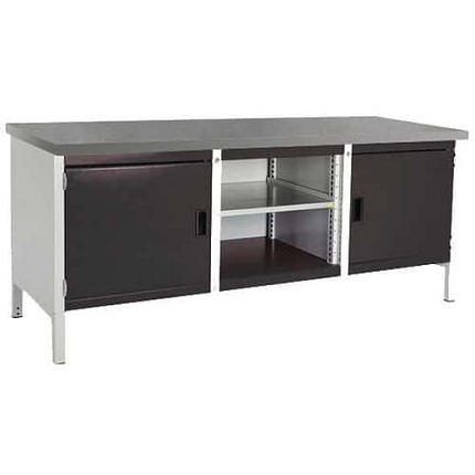 Dílenský stůl Bott Cubio Storage, 84 x 200 x 75 cm, 2 skříňky, otevřený prostor s policí, linoleum, šedá-antracit