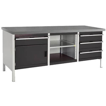 Dílenský stůl Bott Cubio Storage, 84 x 200 x 75 cm, 1 skříňky, 4 zásuvky, otevřený prostor s policí, linoleum, šedá-antracit