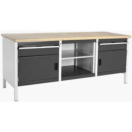 Dílenský stůl Bott Cubio Storage, 84 x 200 x 75 cm, 2 skříňky, 2 zásuvky, otevřený prostor s policí, multiplex, šedá-antracit