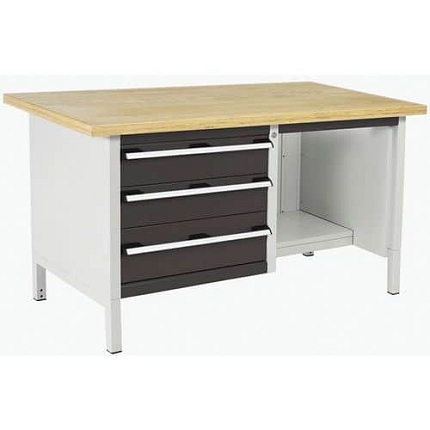 Dílenský stůl Bott Cubio Storage, 84 x 150 x 75 cm, 3 zásuvky, police, multiplex, šedá-antracit