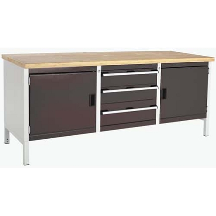 Dílenský stůl Bott Cubio Storage, 84 x 200 x 75 cm, 2 skříňky, 3 zásuvky, multiplex, šedá-antracit