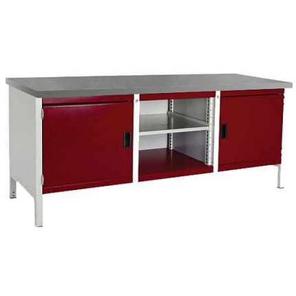 Dílenský stůl Bott Cubio Storage, 84 x 200 x 75 cm, 2 skříňky, otevřený prostor s policí, linoleum, šedá-červená