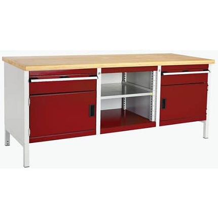 Dílenský stůl Bott Cubio Storage, 84 x 200 x 75 cm, 2 skříňky, 2 zásuvky, otevřený prostor s policí, multiplex, šedá-červená